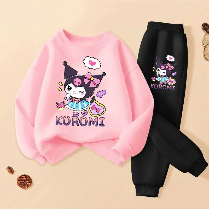SANRIO Spring Autumn Children Clothing Sets Cartoon Kuromi Print Girls Sweatshirt  2pcs Suit Breathable Thin Kids Tracksuit