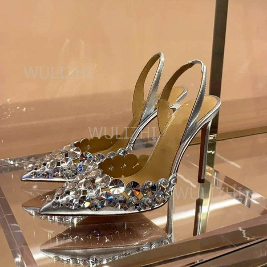 Silver Large Crystal Diamond Heels Sandals Shiny Women Red Leather Gold Slingback Pointed Toe Stiletto Black Bling Shoes Slip On - AIAZ