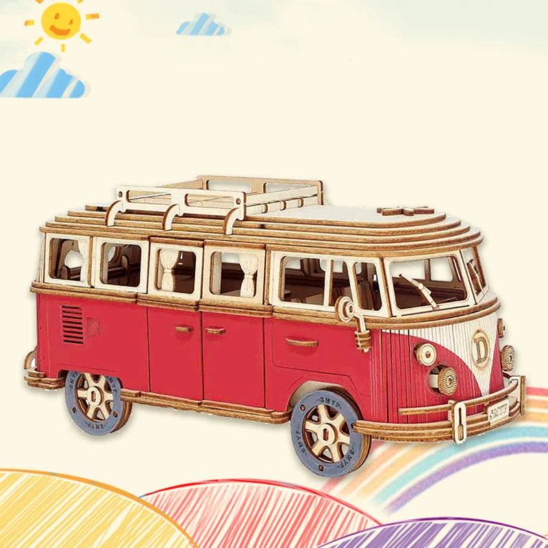 Retro Bus European-style Campervan 3D Wooden Car Puzzle DIY Sailing Ship Airplane Building House Model Jigsaw Toys For Children - AIAZ
