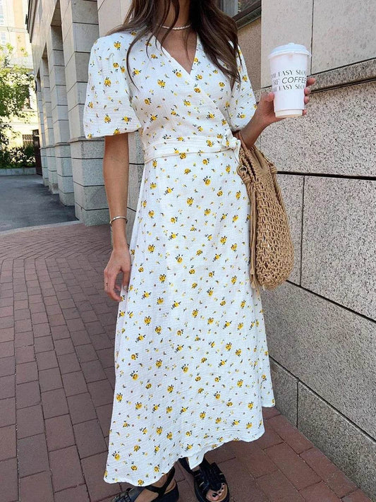 Bornladie Women Psrinted Lace Up Dress Summer Short Sleeve Fashion Office Lady Long Dress 100% Cotton Daily Casual V-neck Skirt - AIAZ