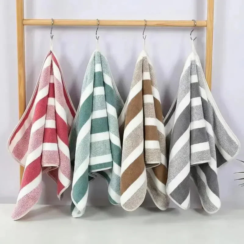 2PCS Thickened Absorbent Bath Towel Striped Pattern Towel Set Soft Face Towel for Home Bathroom Spa Quick Drying Microfiber