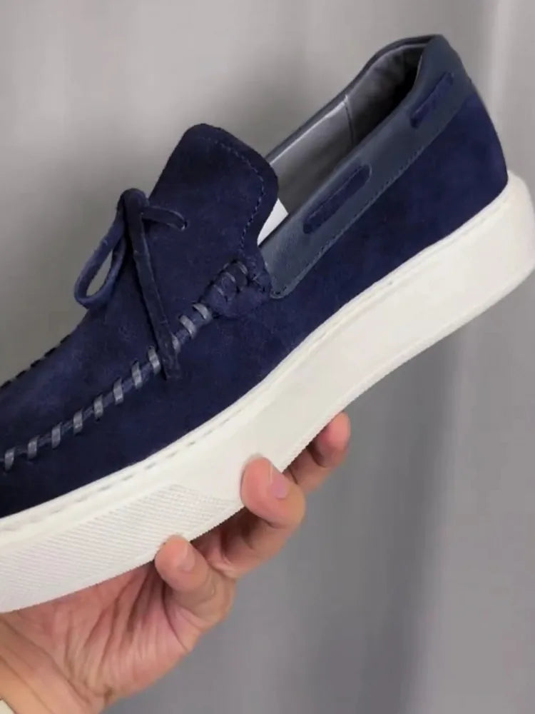 Fashion Mens Lace Up Slip On Loafers Thick Platform Real Suede Leather Business Casual Shoes Round Toe Comfortable Driving Shoes