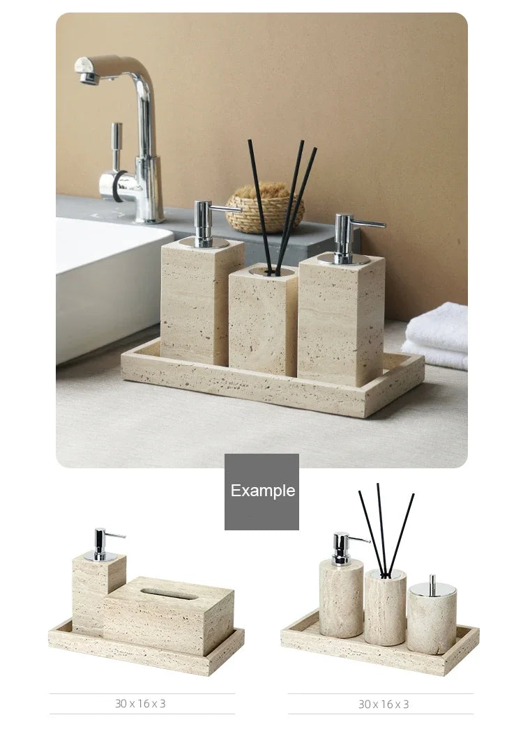 Beige Travertine Bathroom Accessories Set Natural Marble Soap Dispenser Soap Dish Reed Diffuser Vanity Tray Bathroom Set