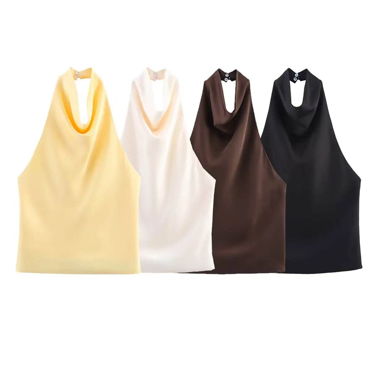 Women Stain Tops Sexy Summer Backless Slim Camisole Boat Neck Ties Side Zipper Female Chic Elastic Tops - AIAZ