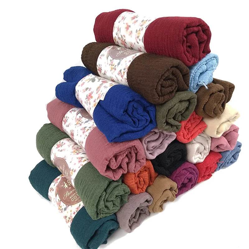 Muslim Hijab For Women Crinkle Hijab Scarf Soft Cotton Solid Color Islamic Bandana Eid Muslim Turban - AIAZ