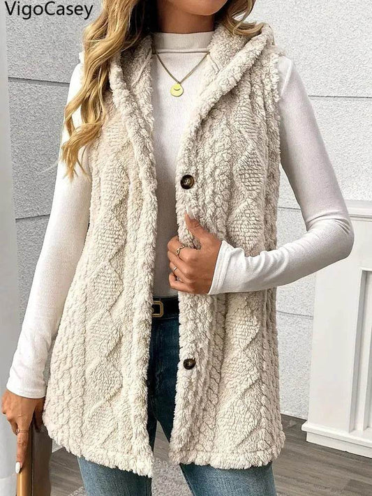 VigoCasey 2025 Casual Sleeveless Thick Vest Coat Woman Solid Hooded Warm Plush Waistcoat Lady Autumn Winter Apricot Vest Jacket - AIAZ