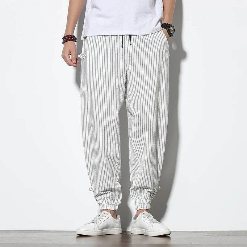 Four Seasons Men Disc Buckle Striped Harem Pants Breathable Cotton Linen Pencil Pants Buckle Casual Bloomers Fashion Trousers - AIAZ