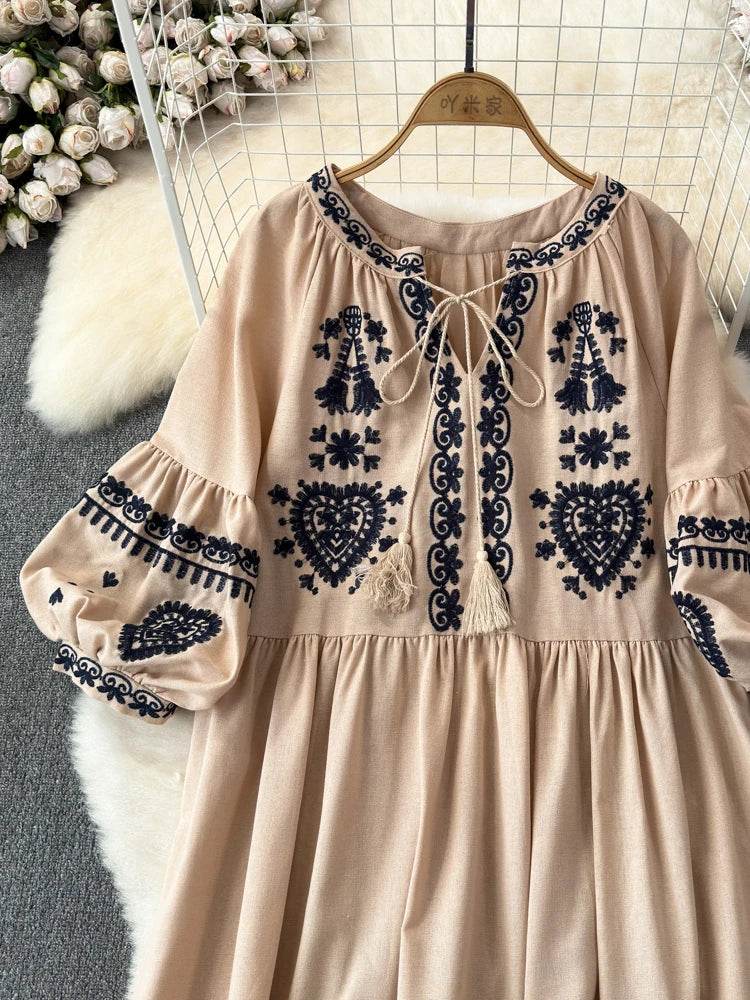 Women's Spring Summer Dress Bohemian Retro Ethnic Style Diamond Cotton Linen Blend Embroidered Lantern Sleeves Mini Dress A20 - AIAZ