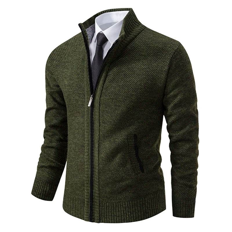 Autumn And Winter New Jersey Men's Casual Sports Coat Solid Color Stand Collar Wweater Grab Fleece Warm Zipper Cardigan - AIAZ