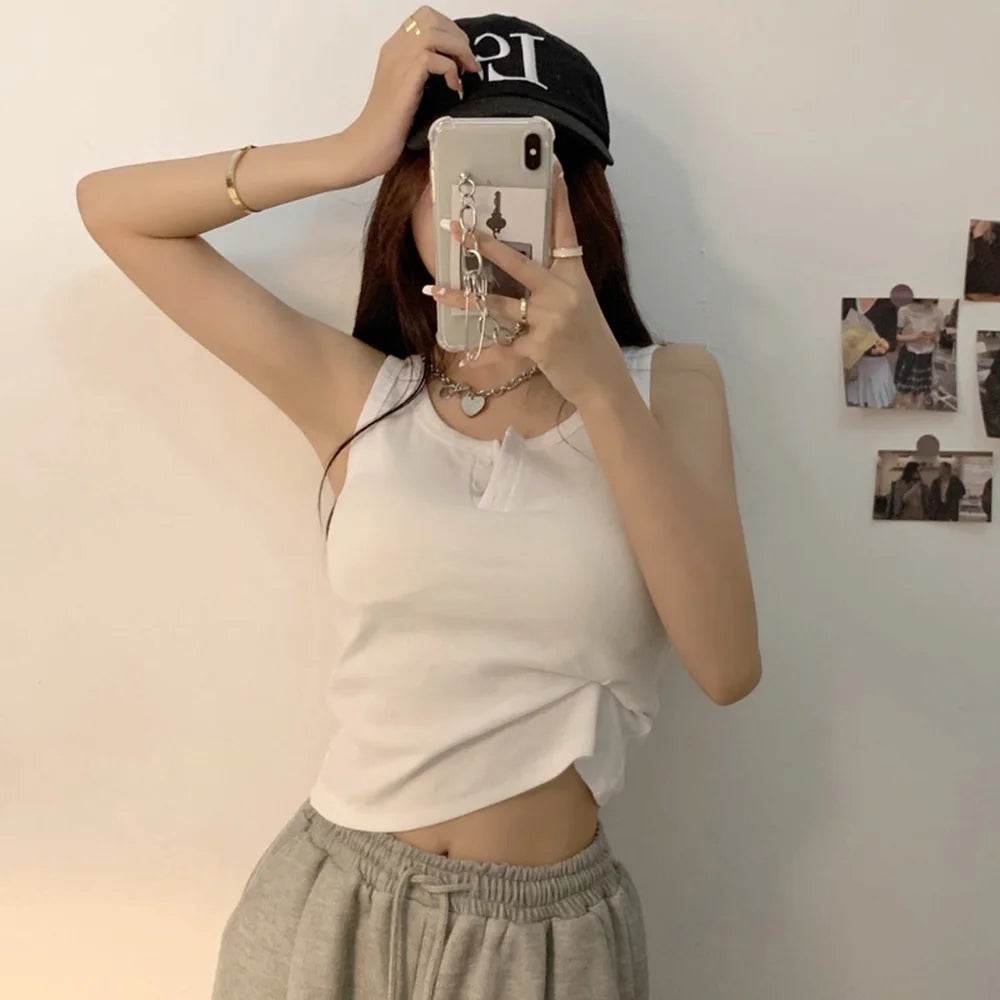 Tank Top for Women Ribbed Button Down Sleeveless Blouse Solid Color Casual Women's Teens Trendy Basic Summer Dresses - AIAZ