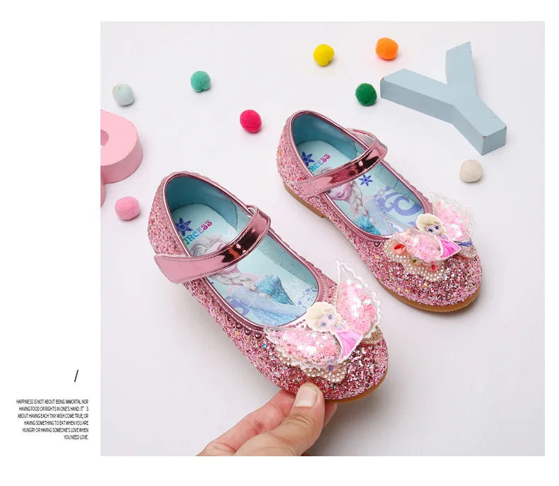 Disney Elsa Frozen Girls Princess Shoes Spring and Autumn Flat Paillette Shoes Children's Soft Sole Baby Casual Shoe Party Shoes