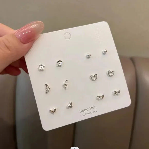 7 Pair/Set Korean Silver Color Fashion Geometric Female Small Earrings Multiple Pairs of Butterfly Cute Stud Earrings Jewelry
