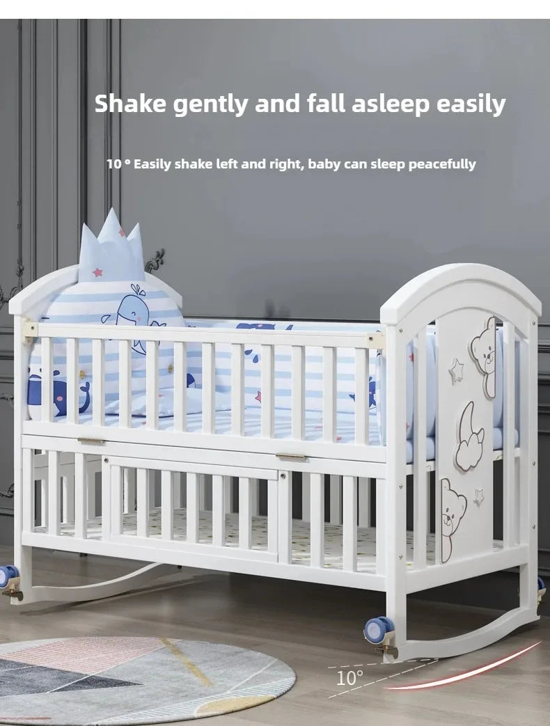 2025New Solid Wood Baby Crib Movable Splicing Bed Multifunctional Baby Rocking Bed Adjustable Guardrail Height with Mosquito Net