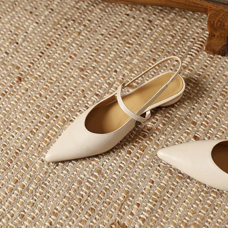 Summer Sandals Sheep Leather Women Shoes Pointed Toe Low Heel Women Pumps Genuine Leather Cover Toe Sandals for Women Handmade - AIAZ