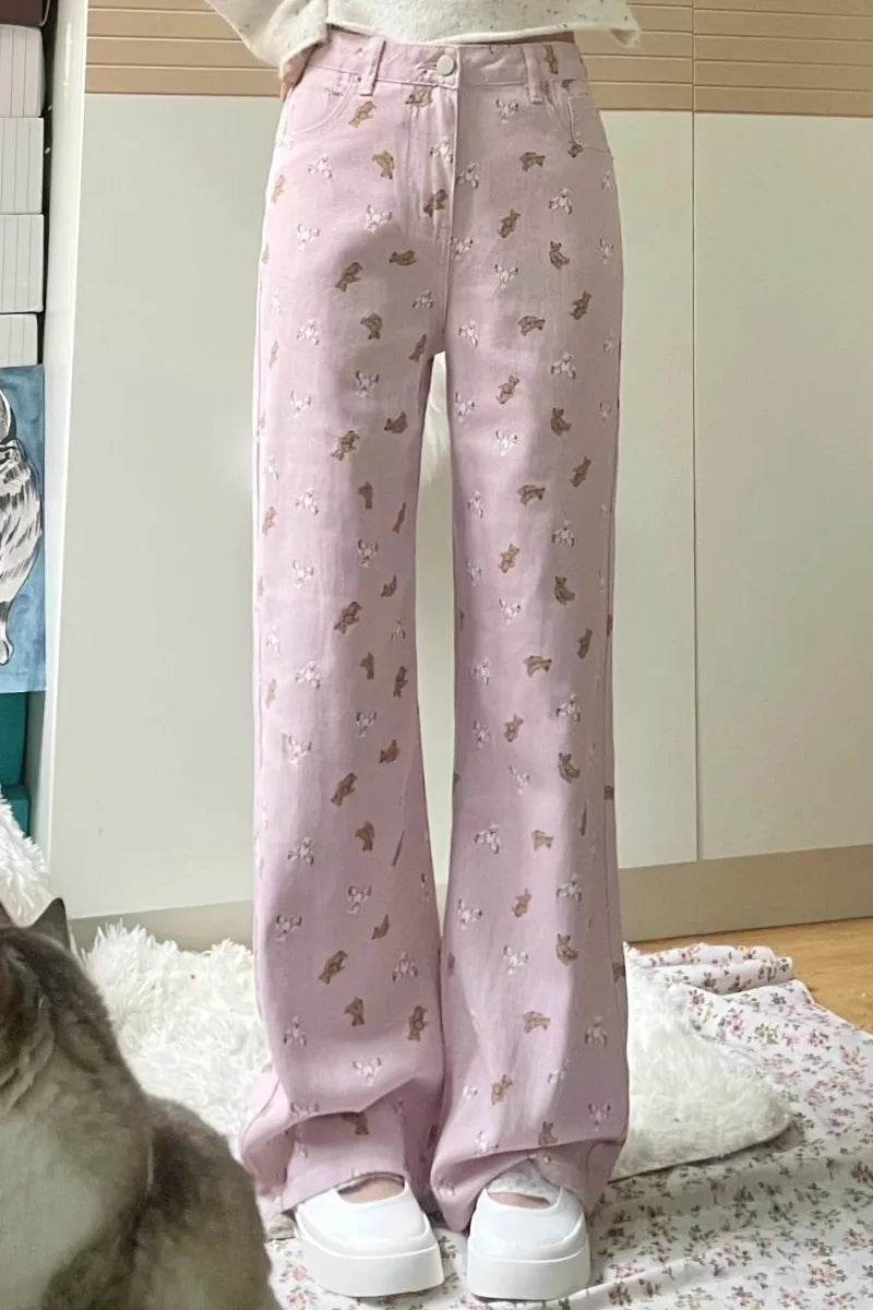 Pink Jeans Women Sweet Cute Cartoon Bear Print High Waist Wide Leg Pants Vintage Girls Casual Y2k Aesthetic Loose Denim Trousers - AIAZ