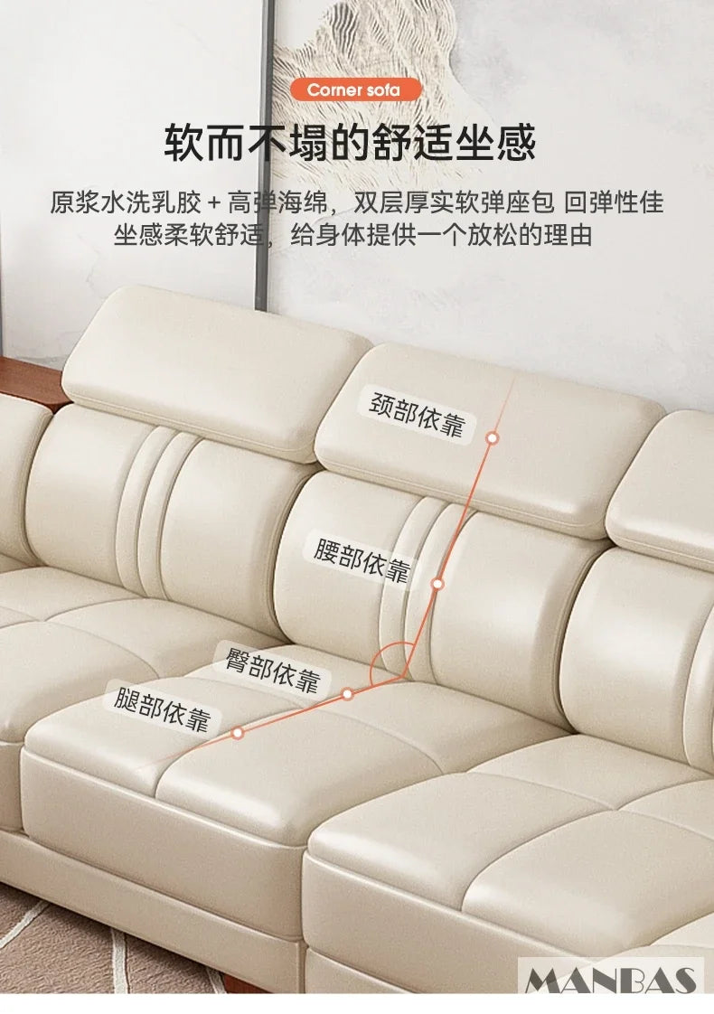 Elegant Leather Sectional Sofas Sets with Cup Holder, Adjustable Headrests & Bluetooth Speaker - MINGDIBAO Living Room Couches