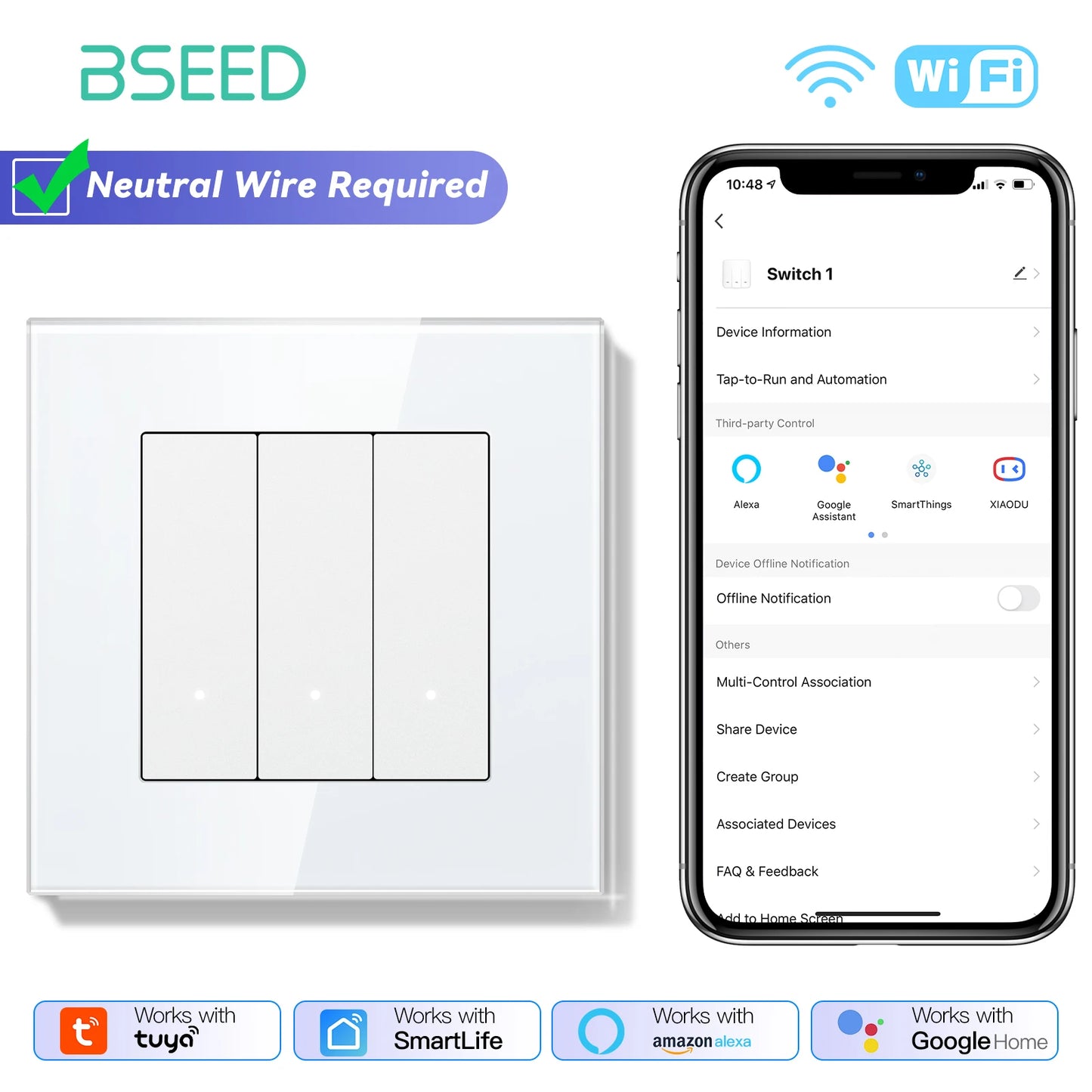 BSEED 1/2/3/4Gang 2Way WIFI Light Switch Smart Click Button Switch Glass Panel LED Indicator Support Tuya Smart Life Google Home