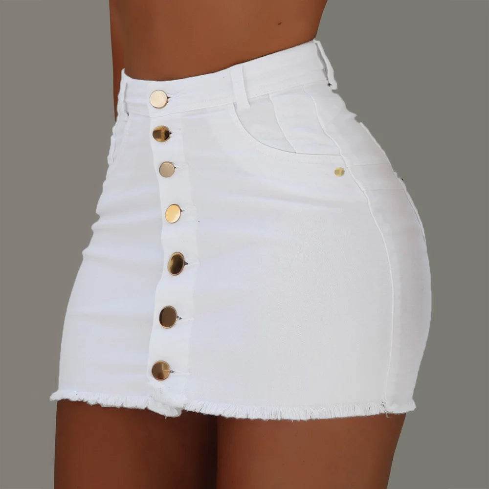 Women's Clothing Skirts 2025 new casual fashion high waist solid color hip hugging short skirt denim single breasted half skirt - AIAZ