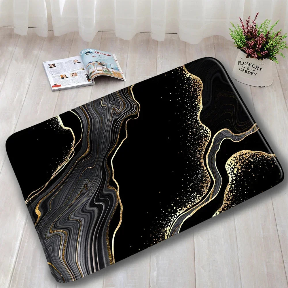 Abstract Marble Bath Mat Sets Modern Geometric Gold Lines Blue Texture Pattern Bathroom Decor Carpet Non-Slip Rugs Toilet Cover