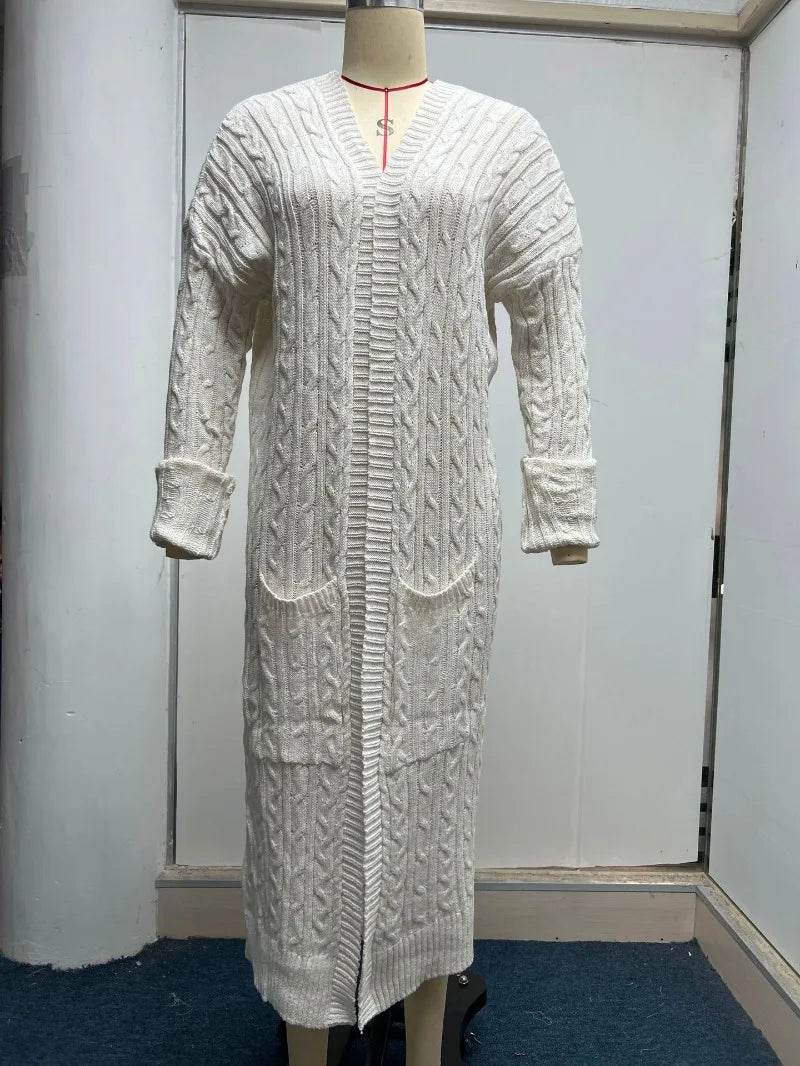 Women Knitted Cardigan Sweater Top Autumn Winter Vintage Fashion Loose Warm Long Sleeve Pocket Twisted Long Knitwear Outwear - AIAZ