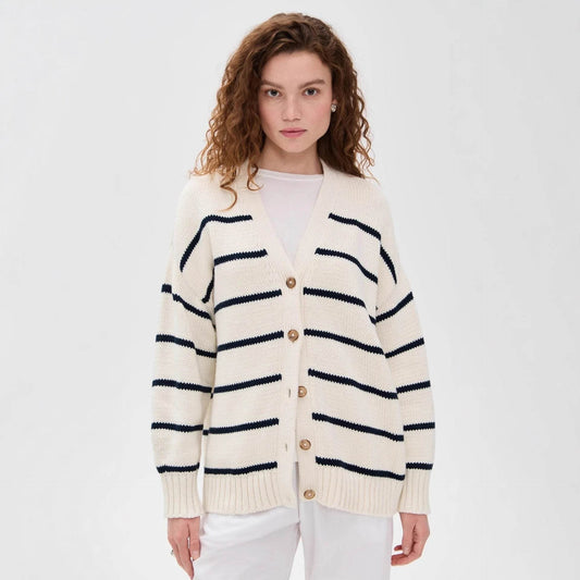 Casual Stripe Knitted Cardigan For Women 2025 Autumn Winter Single Breasted V-Neck Sweater Female Loose Coat - AIAZ