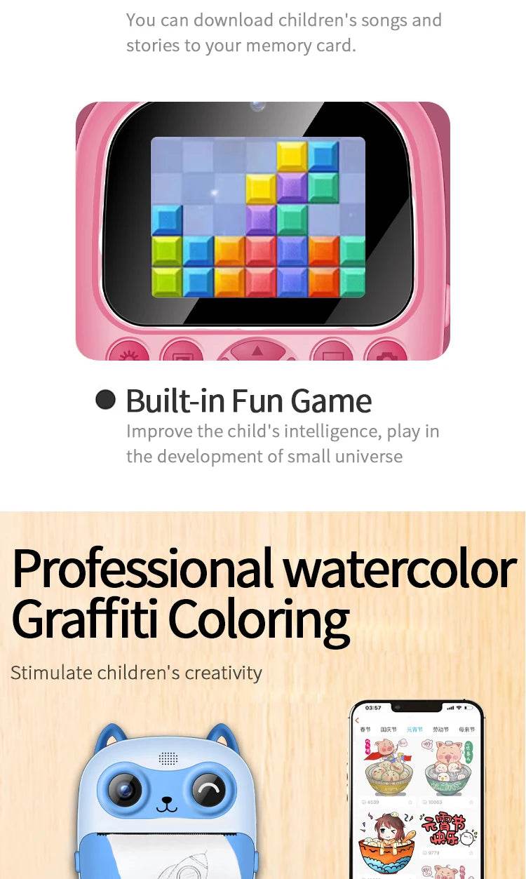 Children Digital Camera Instant Print for Kids Thermal Print Camera Instant Photo Printing Camera Video Toys+32G Memory Card - AIAZ