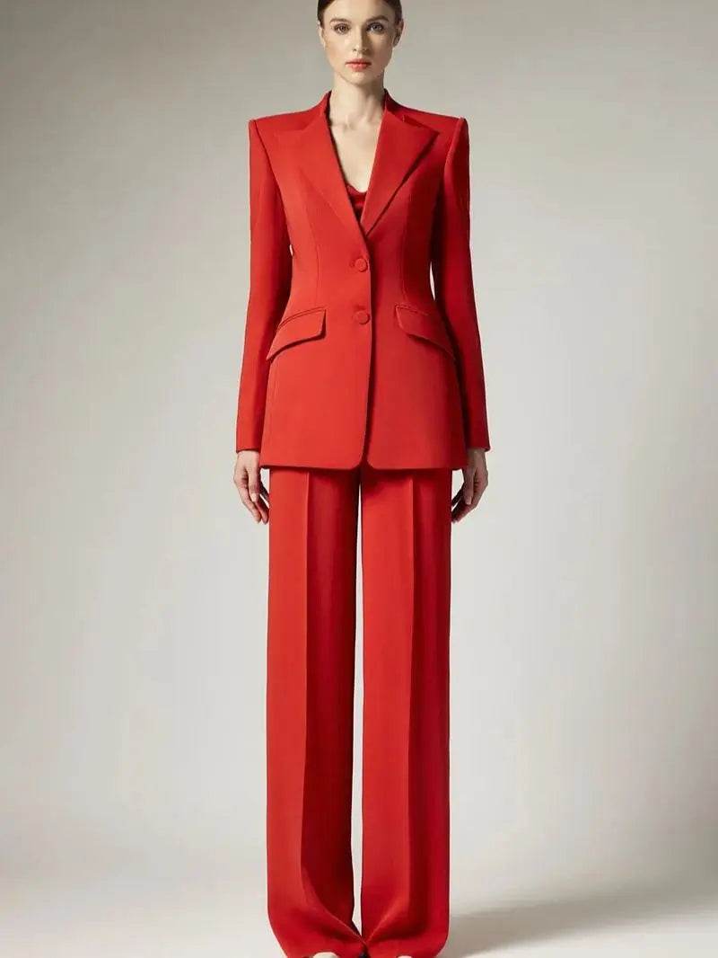 Business Women Suit Set 2 Piece Blazer Jacket Solid Color Wide Leg Pants Fashion Blue Pantsuits Coat+Trousers Customize - AIAZ