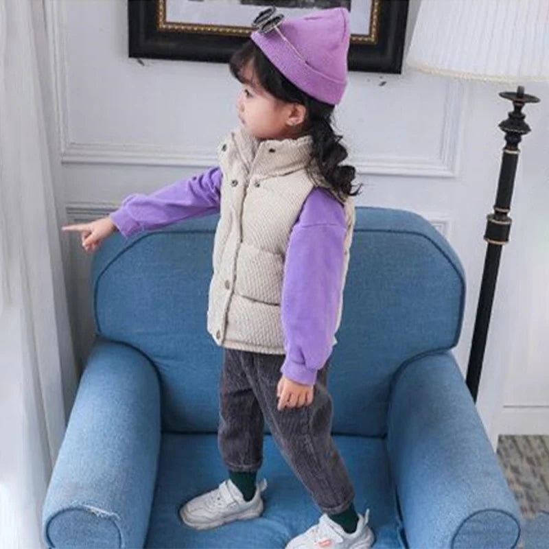 Children Autumn Winter Warm Vest Girls Casual Solid Color Jacket Boys Simple Fashion Collar Thickened Corduroy Waistcoat 2-10T