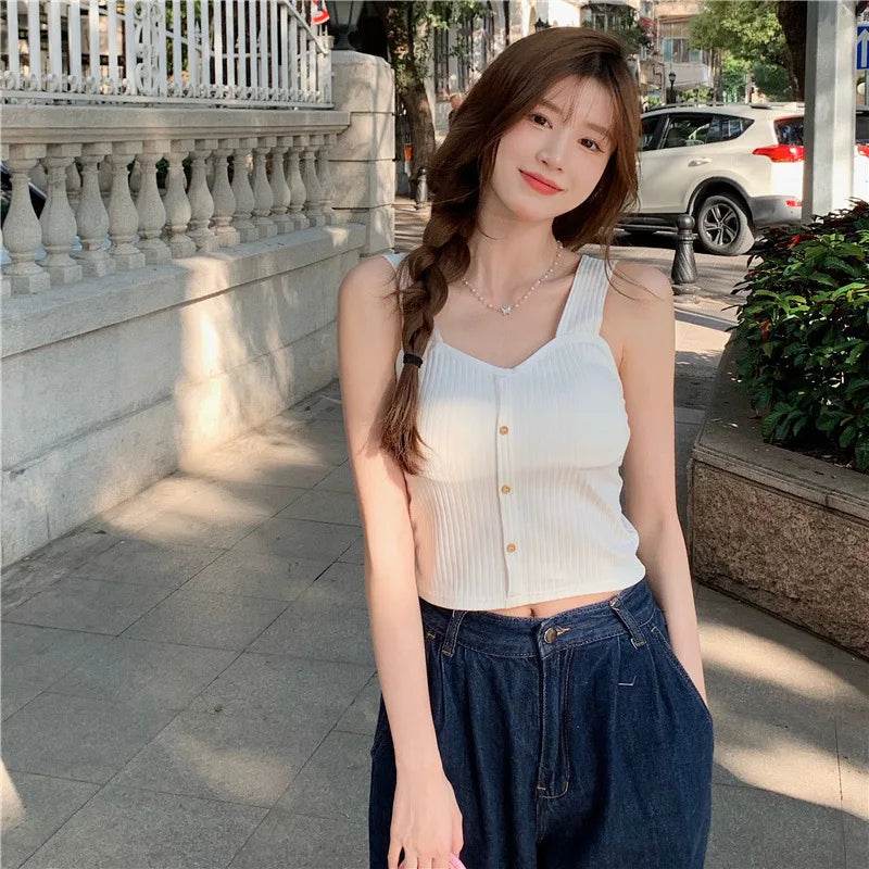 Women's Ribbed Tank Tops Y2K Cropped Tops with Bra Pads Knitted Button Down Suspenders Vest Sexy Camisole Female Short Tops - AIAZ