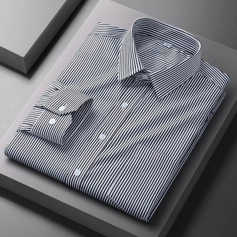 Men Formal Shirt Long Sleeve Office Solid Color Striped Anti-Wrinkle Fashion Business Pocket White Social Pocket Shirt S-4XL - AIAZ