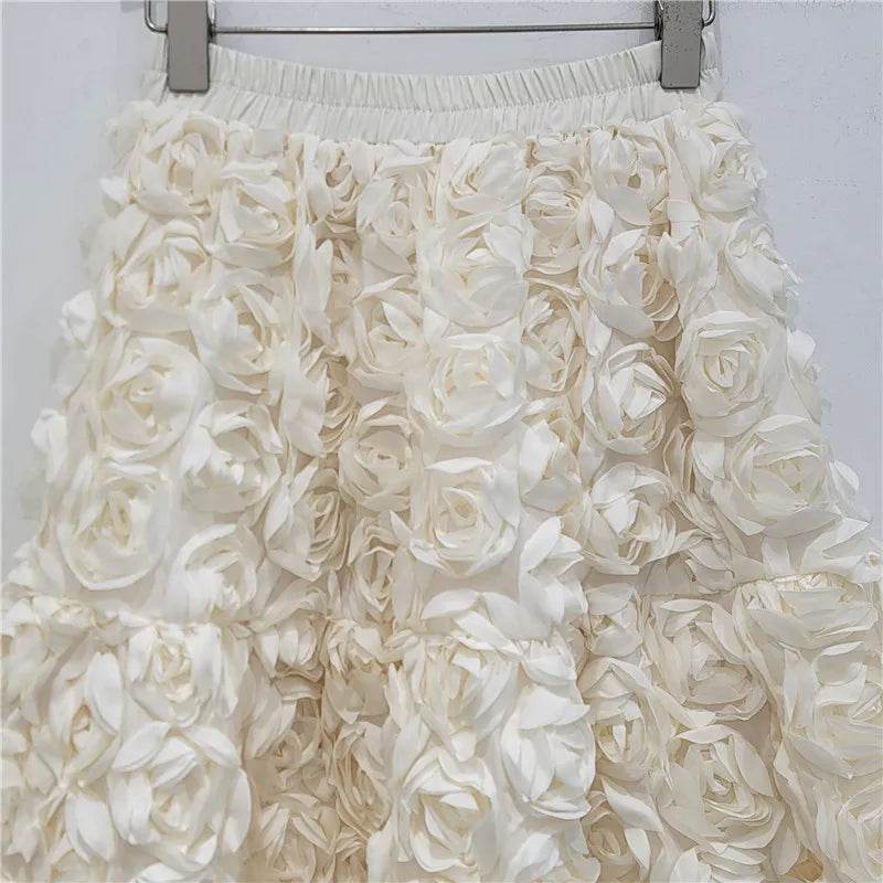 Skirt for Women 2025 Summer Versatile Three Dimensional Flower Mid-calf Skirt High Waist Big Swing Fashion A-line Long Skirts - AIAZ