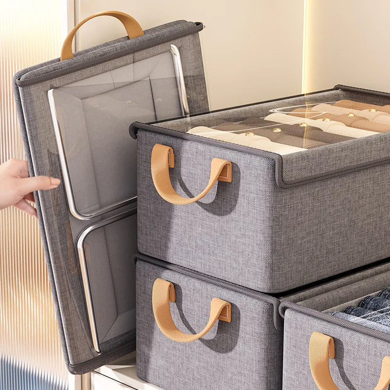 Collapsible Clothing Organizer Folding Clothes Storage Basket with Cover Metal Frame Underwear Storage Box Wardrobe Organizer