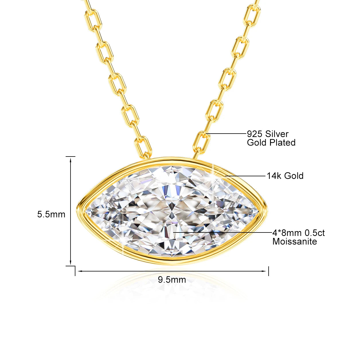 100% 14K Gold Marquise Cut Moissanite Pendant Necklace for Women Wedding Solitaire Choker Minimalist Luxury Collarbone Chain