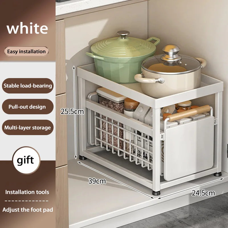 Under Sink Storage Rack Pull out Cabinet Organizer Kitchen Sliding Drawer Storage Basket Handle Bowl Plate Rack Holder Shelves