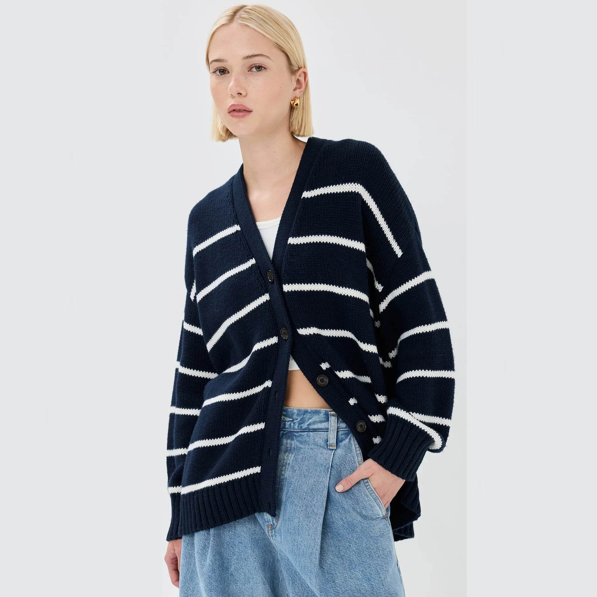 Casual Stripe Knitted Cardigan For Women 2025 Autumn Winter Single Breasted V-Neck Sweater Female Loose Coat - AIAZ