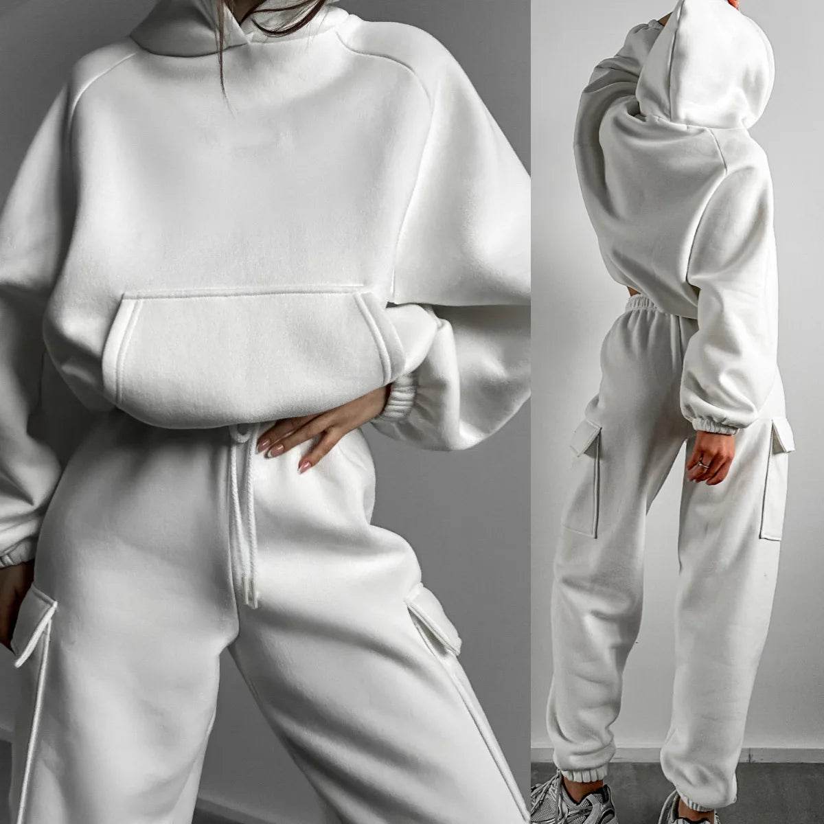 Hoodies Suit Winter Autumn Solid Casual Tracksuit Women Fleece 2 Pieces Set Sports Sweatshirts Pullover Jogger Sweatpants Outfit - AIAZ