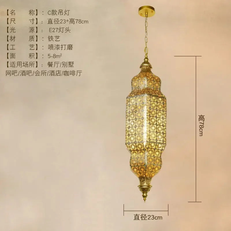 Vintage Antique Hollow Carving Pendant Lamp Southeast Asia Moroccan Golden Hanging Light Restaurant Bar Industrial Pendant Light