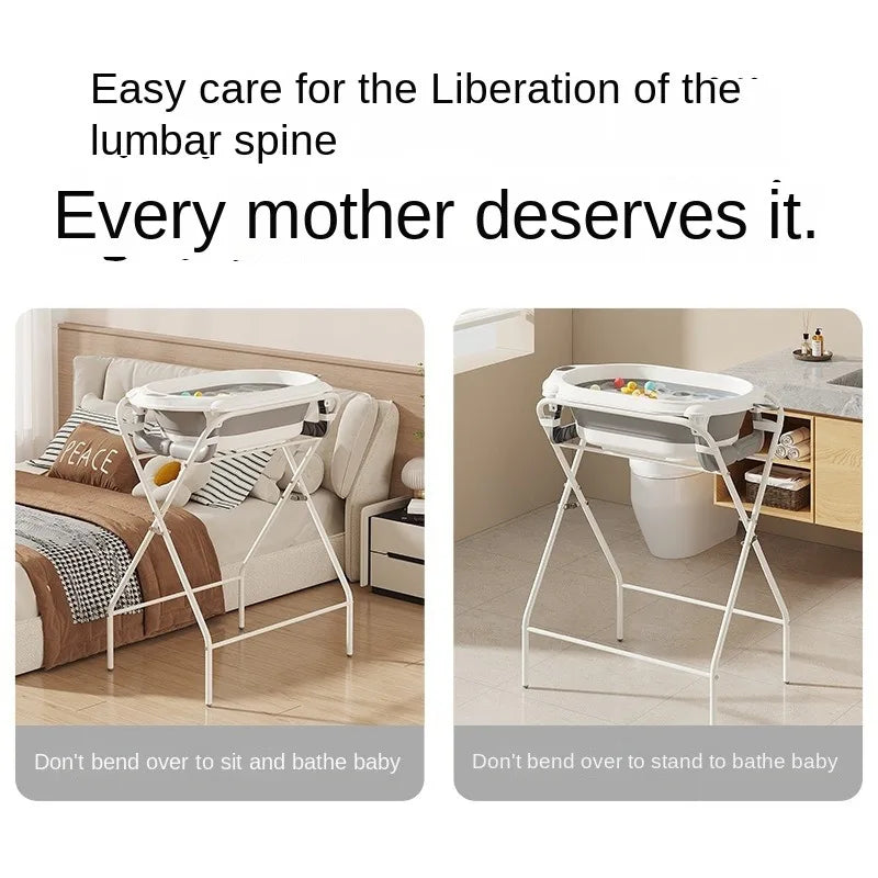 Collapsible Baby Bath & Folding Stand With Ergonomic Infant Cushion for Newborns & Toddlers - Complete Bathing Station