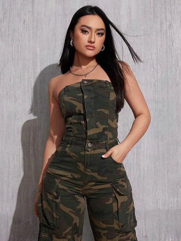 REDDACHiC Camouflage Button Front Denim Tube Jumpsuit Women Retro Y2k Function Pockets Sleeveless One-piece Overalls Work Wear - AIAZ