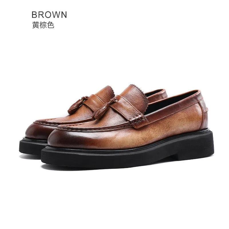 Mens Genuine Leather Loafers Slip On British Style Thick Sole Oxford Shoes Summer Casual Business Shoes