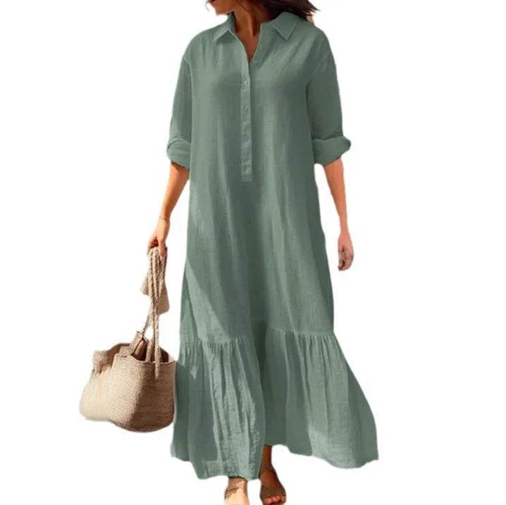 2025 Women's Linen Shirt Dress - Asymmetrical Hem Button Down Casual Dress - AIAZ