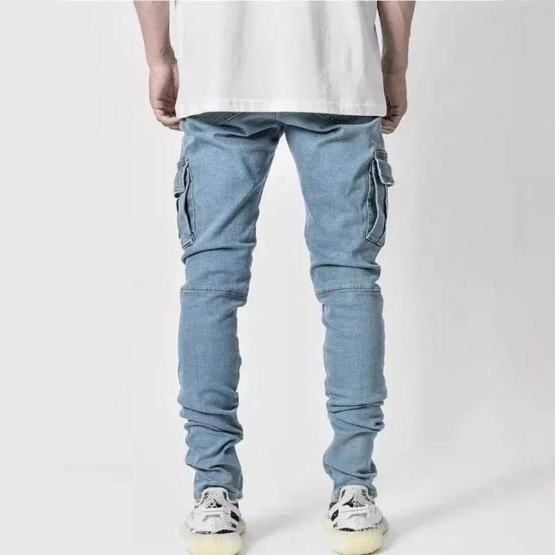Men Street Elastic Denim Jeans Wash Solid Color Multi Pockets Cargo Pants Casual Slim Fit Daily Wear Joggers Mid Waist Trousers - AIAZ