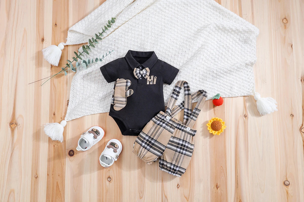 2PCS IURNXB Baby Clothes Sets Short Sleeve Boys Infant Plaid Bear Bodysuit+Suspenders Trousers Set Overall Newborn Outfits 1-18M