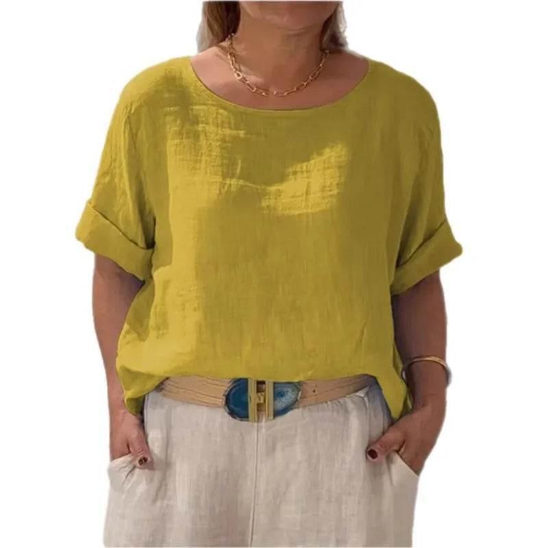 Women's Shirt Summer Fall New Solid Top Fashion Mid-sleeve O-neck Cotton Linen Button-up Casual Loose Shirts For Women Clothing - AIAZ
