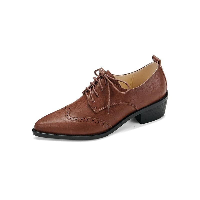 2025 Women's European and American New Spring and Autumn Pointed Leather Lace up Middle Heel Retro Blake Lefu Single Shoes