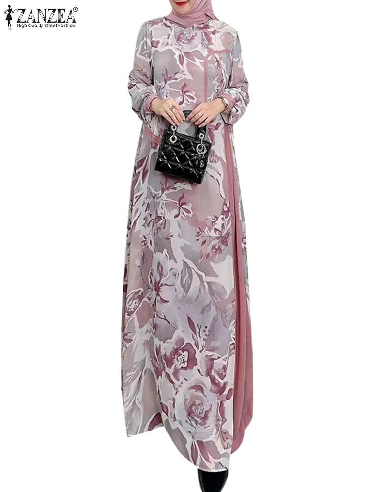 ZANZEA Muslim Fashion Floral Print Maxi Dress Women Elegant Fake Two-Piece Patchwork Abaya Vestidos Islamic Long Sleeve Robes - AIAZ