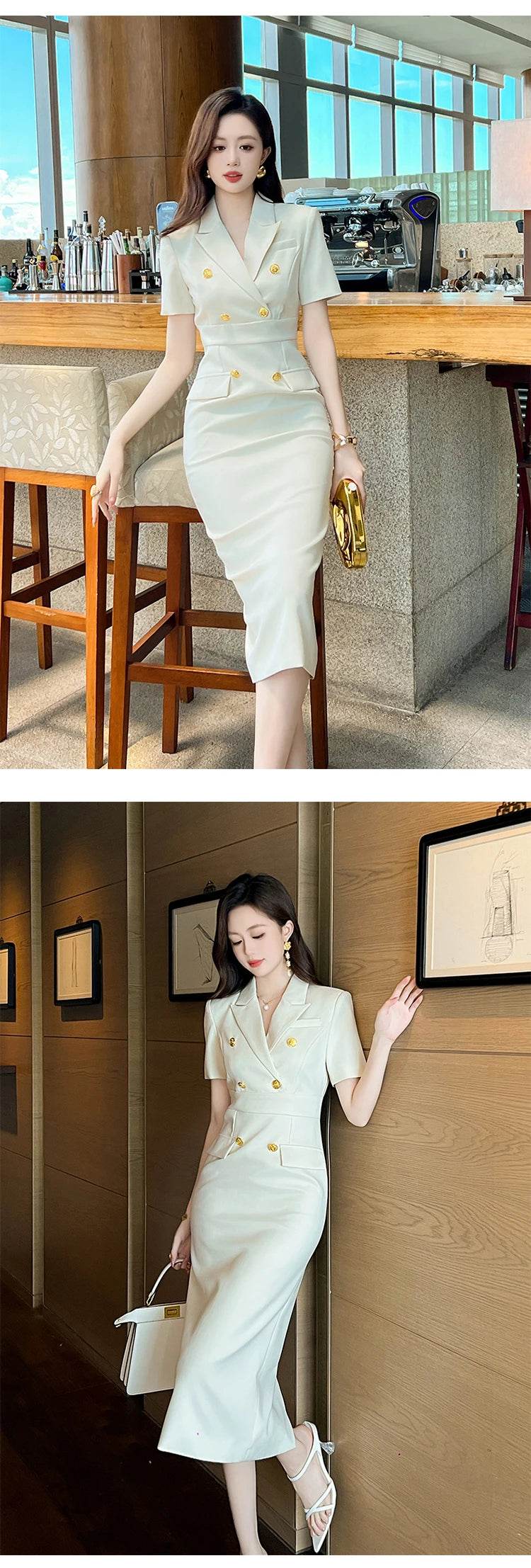 Fashion Elegant Business Dresses Women Clothes Sweet OL Professional Double Breasted Midi Robe Meeting Work Style Party Vestidos - AIAZ