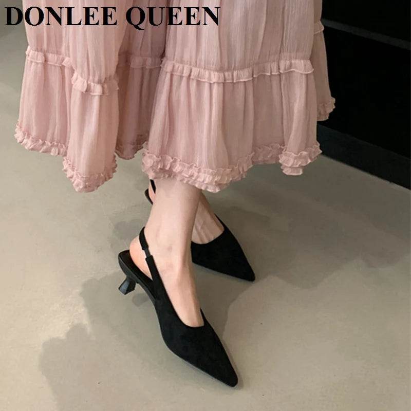 Fashion Brand Slingback Sandals Women Med Heels Pumps Elegant Pointed Toe Female Mules Dress Slides Sandalias Mujer Verano Mujer - AIAZ
