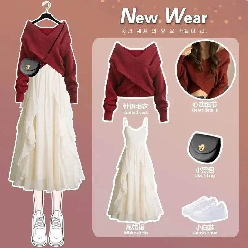 Women's Knitted Sweater Skirt Two Piece Set Women Slim Elegant Tops Female Sweater Dress Suits Lady Knitting Outfit - AIAZ