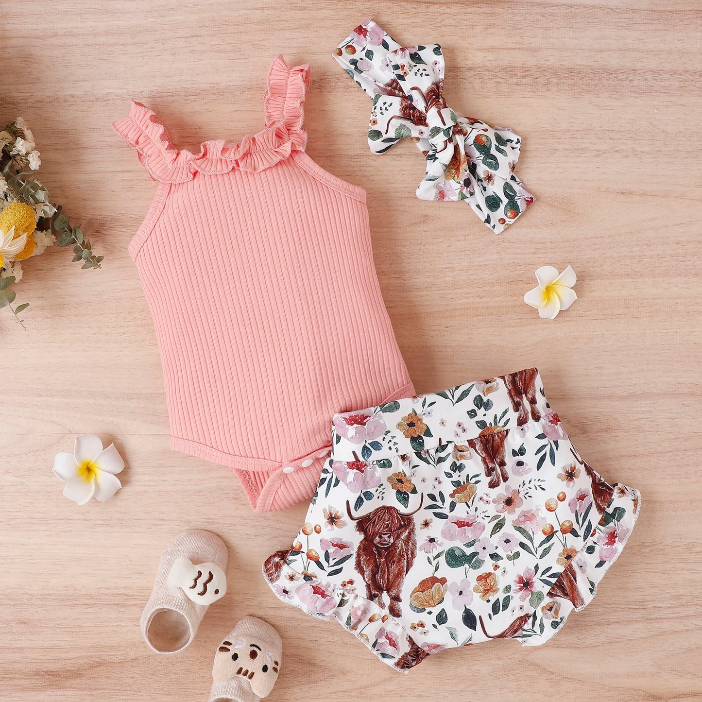 Citgeett Summer Infant Baby Girl Pants Suit Casual Party Off Shoulder Romper Tops + Print Short Pants + HeadBand